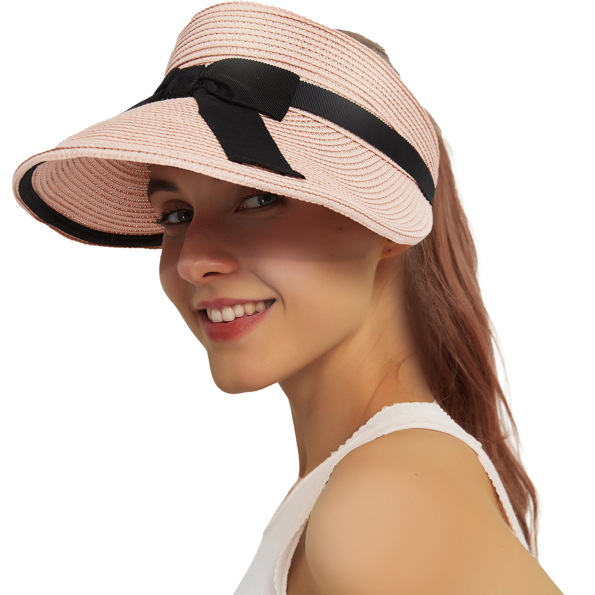 Straw Sun Visor Hat for Women Summer Beach Sun Hats Packable Foldable UPF 50+ Handmade Straw Hats for Women Ponytail