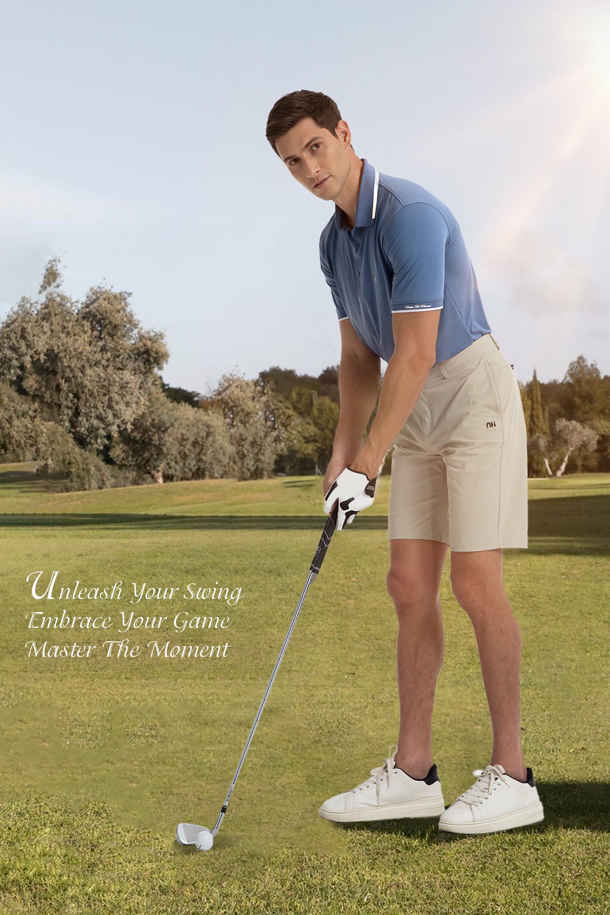 Men's Premium Golf Polo – Silky Tech Nylon, Cooling, UV-Resistant, Quick-Dry Athletic Shirt for Golf, Tennis, and Casual Wear -  Light Navy Blue