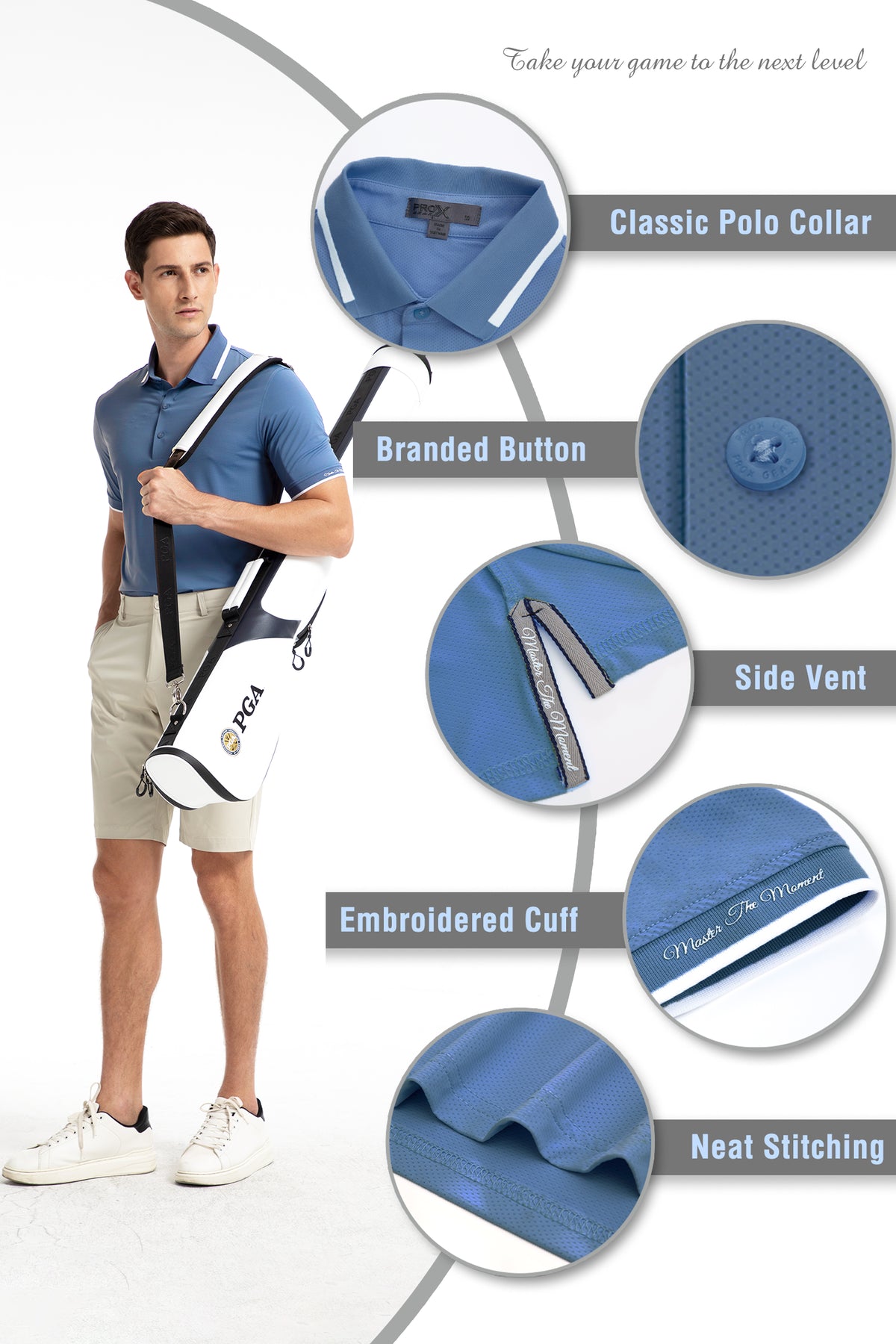 Men's Premium Golf Polo – Silky Tech Nylon, Cooling, UV-Resistant, Quick-Dry Athletic Shirt for Golf, Tennis, and Casual Wear -  Light Navy Blue