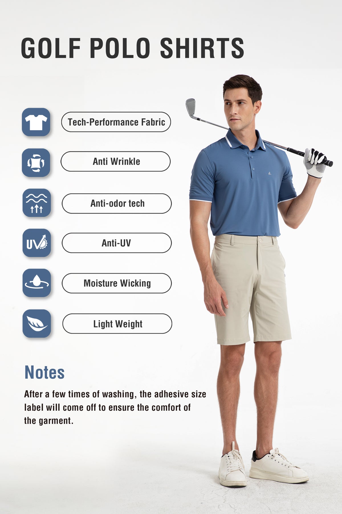 Men's Premium Golf Polo – Silky Tech Nylon, Cooling, UV-Resistant, Quick-Dry Athletic Shirt for Golf, Tennis, and Casual Wear -  Light Navy Blue