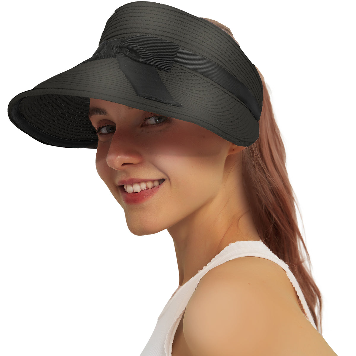 Straw Sun Visor Hat for Women Summer Beach Sun Hats Packable Foldable UPF 50+ Handmade Straw Hats for Women Ponytail