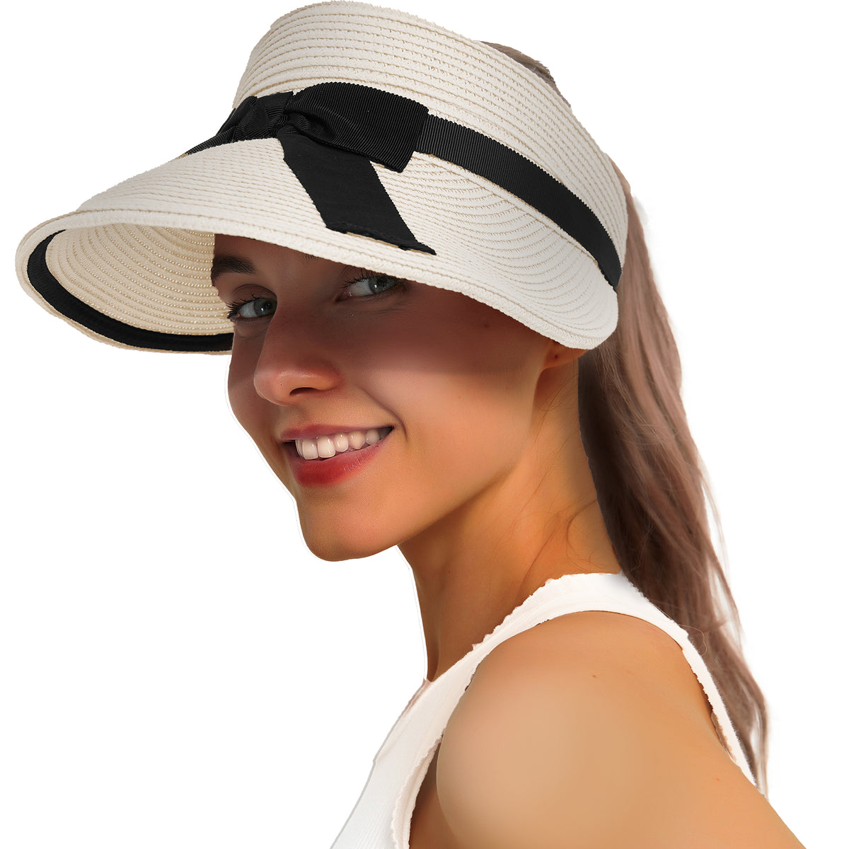 Straw Sun Visor Hat for Women Summer Beach Sun Hats Packable Foldable UPF 50+ Handmade Straw Hats for Women Ponytail