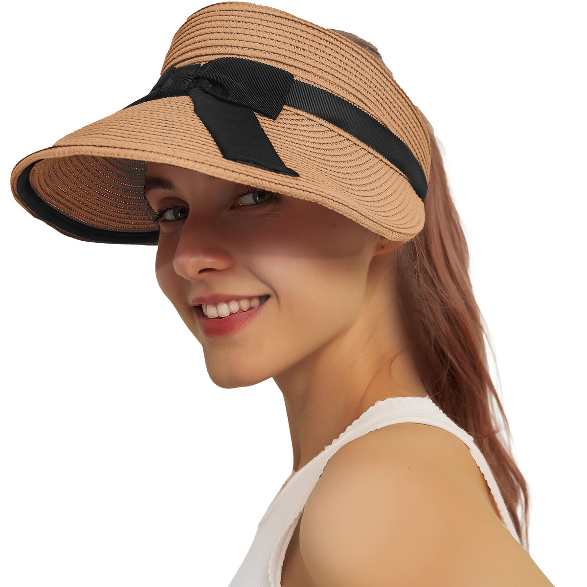 Straw Sun Visor Hat for Women Summer Beach Sun Hats Packable Foldable UPF 50+ Handmade Straw Hats for Women Ponytail